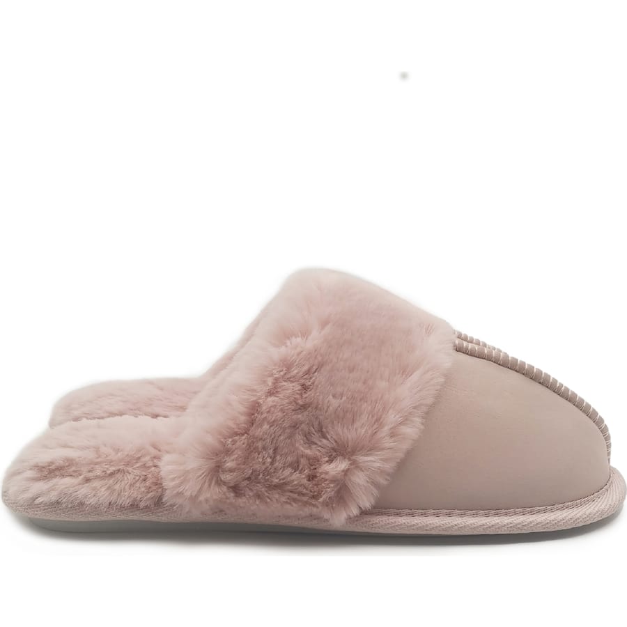 Satin Slippers Ladies Faux Fur Pink & Grey