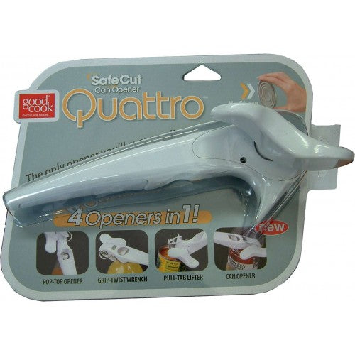 Good Cook Safe Edge Quatro 4 in 1 Can Opener with ergonomic grip, jar wrench, and safety features for easy can opening.