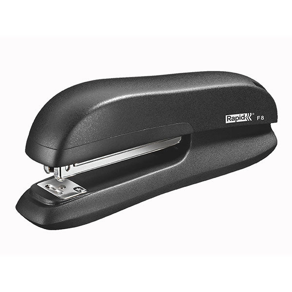 Rapid Stapler F8 in black, featuring metal mechanism, ergonomic design, staples up to 20 sheets, with low staple indicator.