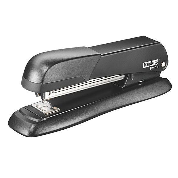 Rapid FM14 stapler in black with ergonomic grip, all-metal construction, staples 25 sheets, adjustable settings.