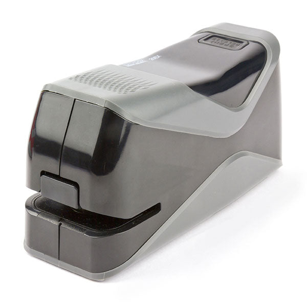 Compact electric stapler for office use, staples up to 20 sheets, designed for one-handed operation and easy reloading.