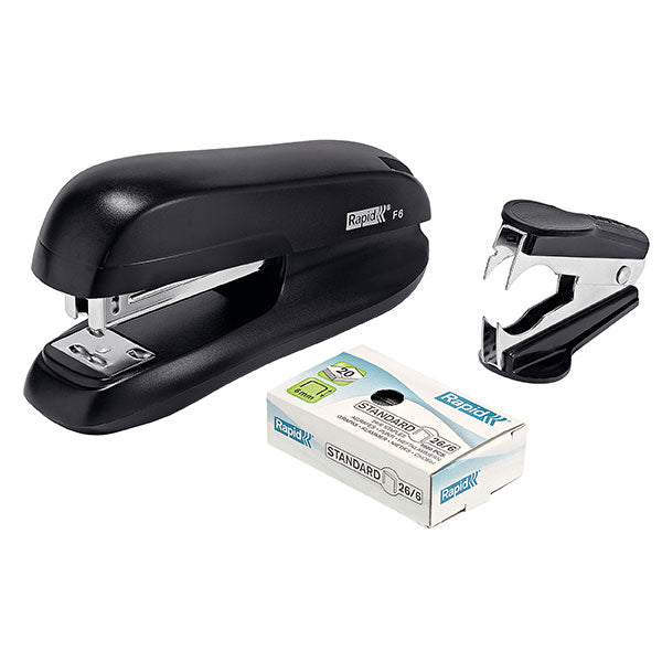 Rapid Stapler F6 in sleek black, staples up to 20 sheets, features low staple indicator, includes remover and strong staples.