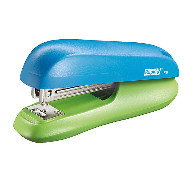 Rapid Stapler F6 in Blue/Green, half-strip design, staples up to 20 sheets, sturdy metal mechanism for reliable use.