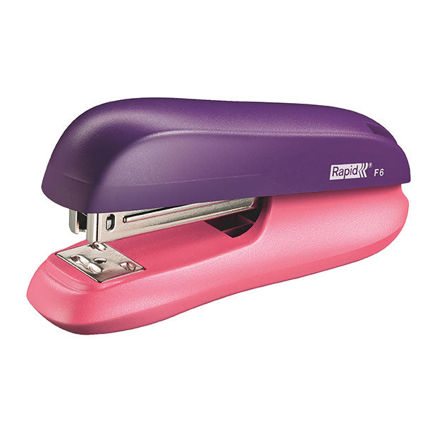 Rapid Stapler F6 in vibrant purple and pink, ergonomic design for up to 20 sheets, with sturdy metal mechanism.