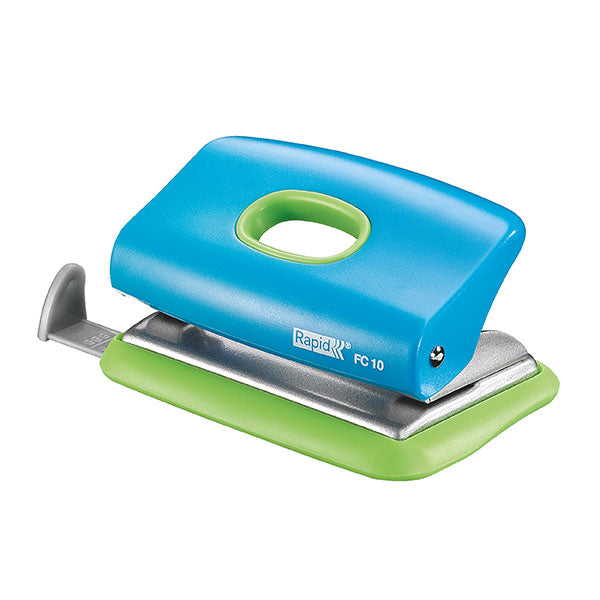 Compact blue and green hole punch, punches up to 10 sheets, features adjustable guide and easy-empty holder.