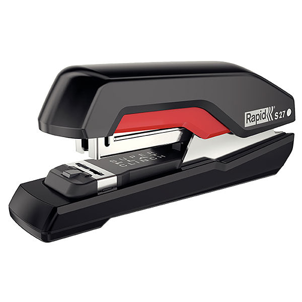 Rapid Stapler S27 in black and red, featuring SuperFlatClinch technology for efficient stapling up to 30 sheets at once.