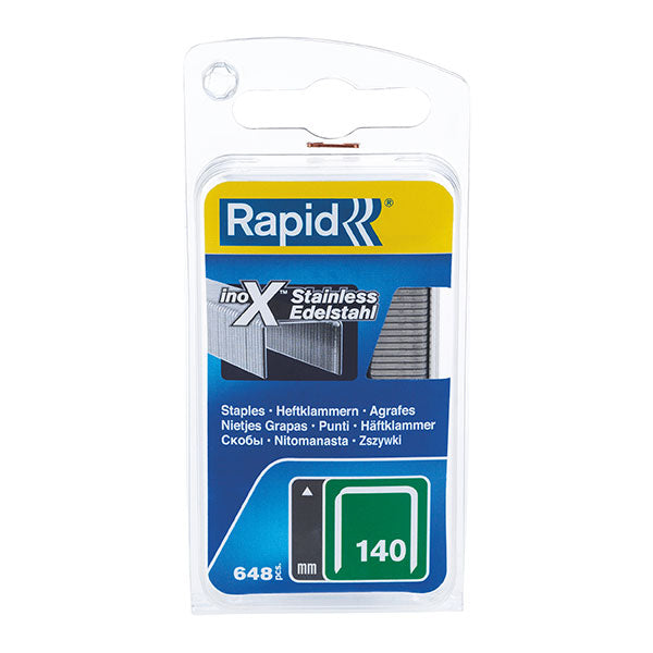 Box of 970 Rapid 140/8mm stainless steel staples for secure fastening in various materials, ideal for outdoor use.