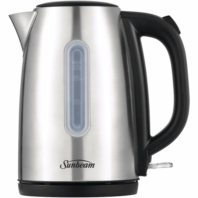 Sunbeam Quantum 1.7L Stainless Steel Kettle with 2200W power, ergonomic handle, and 360-degree base for easy use.