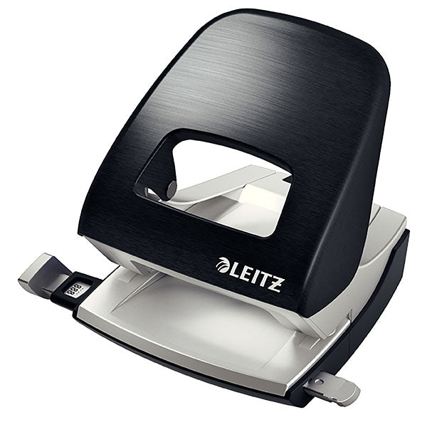 Leitz Nexxt Style Black hole punch with brushed metal finish, punches 30 sheets, and easy-to-empty waste box.