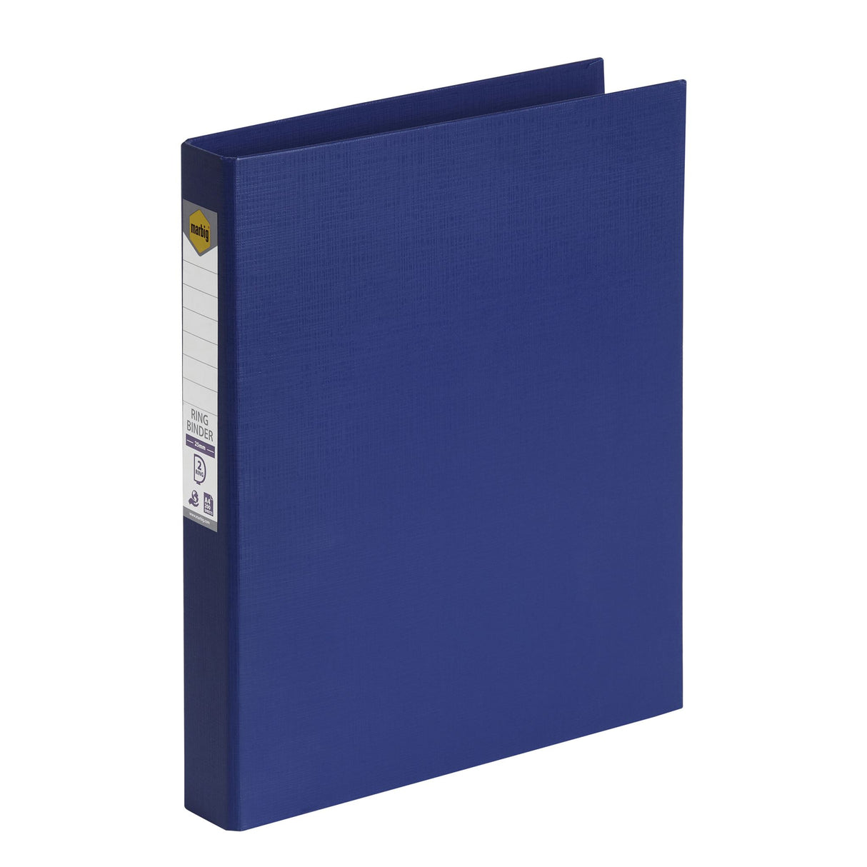 Blue MARBIG® ring binder holding up to 200 sheets, made from eco-friendly PE, features spine label for easy identification.