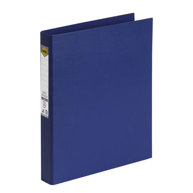 Blue MARBIG® ring binder holding up to 200 sheets, made from eco-friendly PE, features spine label for easy identification.