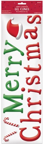 Merry Christmas Long Gel Cling featuring vibrant colors, reusable design for festive window decoration.