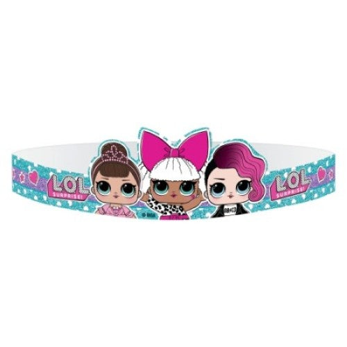 Colorful pack of 8 LOL Surprise mini paper tiaras for birthday parties and dress-up fun.