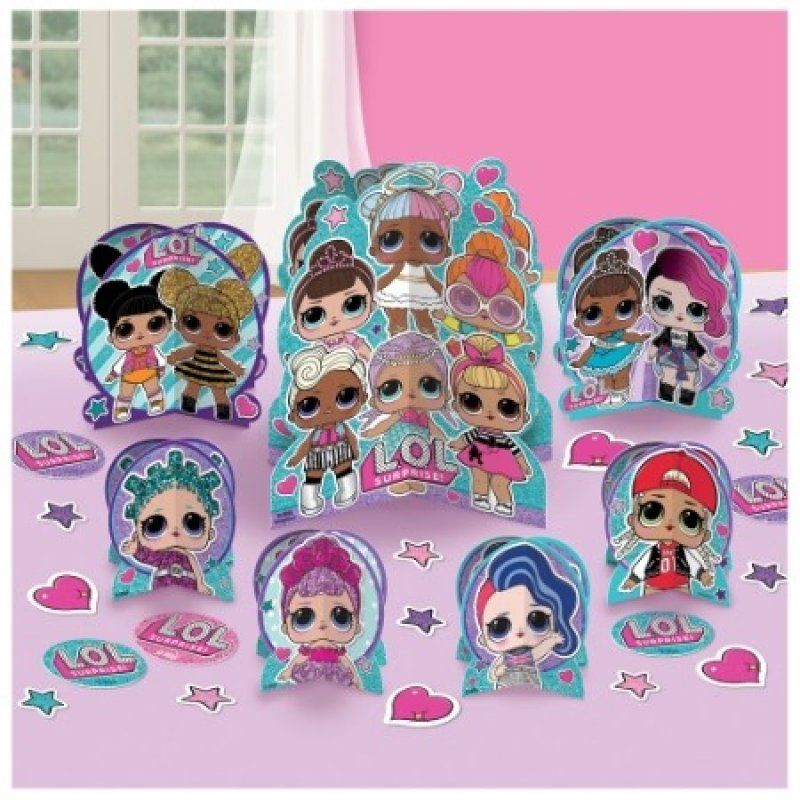 LOL Surprise Table Centrepiece Kit with foil fringe centerpiece, 3D paper decorations, and colorful confetti for festive parties.