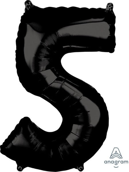 Black mid-size foil balloon shaped like numeral 5, ideal for elegant celebrations and versatile decorations.