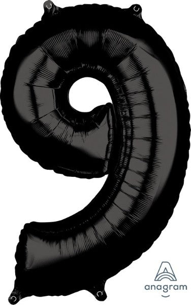Mid-size black foil numeral 9 balloon, ideal for stylish celebrations like birthdays and anniversaries.