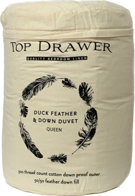 Luxurious Queen duvet inner featuring 50/50 down and feathers, 300TC cotton cover, and innovative quilted design.
