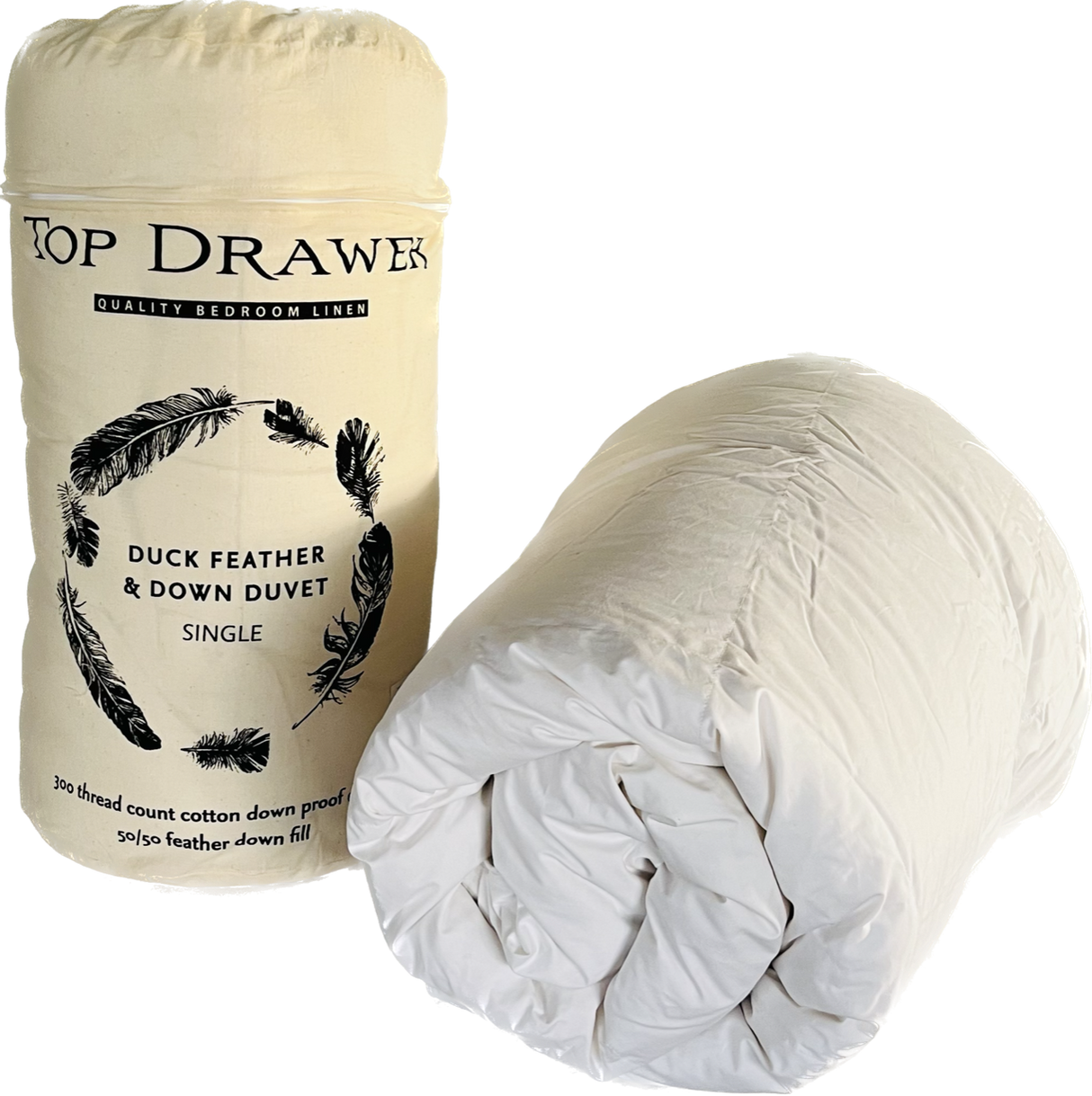 Single duvet inner featuring 50% duck down and 50% feathers in a soft cotton cover for luxurious comfort.