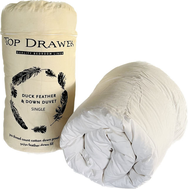 Single duvet inner featuring 50% duck down and 50% feathers in a soft cotton cover for luxurious comfort.