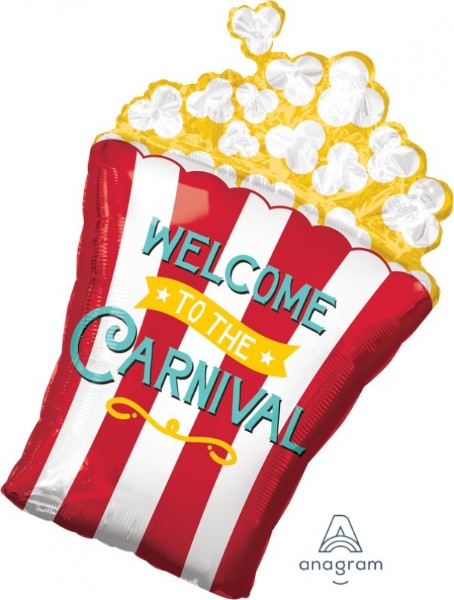Vibrant supershape foil balloon resembling carnival popcorn, perfect for festive celebrations or themed parties.