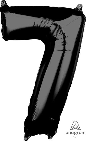 Mid-size black foil balloon shaped like the numeral 7, perfect for birthdays and upscale celebrations.