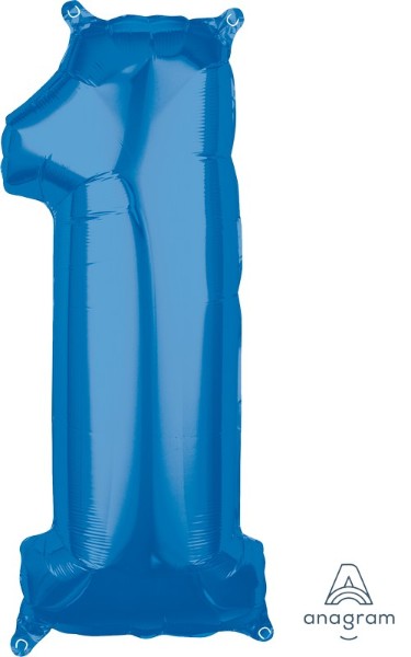 Blue mid-size foil balloon shaped like numeral 1, perfect for birthdays and anniversaries, adds festive flair to celebrations.