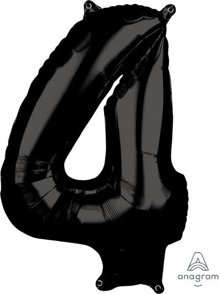 Black mid-size numeral 4 foil balloon, perfect for birthdays and celebrations, shiny finish adds elegance to decor.