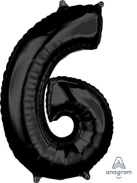 Black mid-size foil balloon shaped like numeral 6, perfect for birthdays and celebrations, adding elegance to any décor.