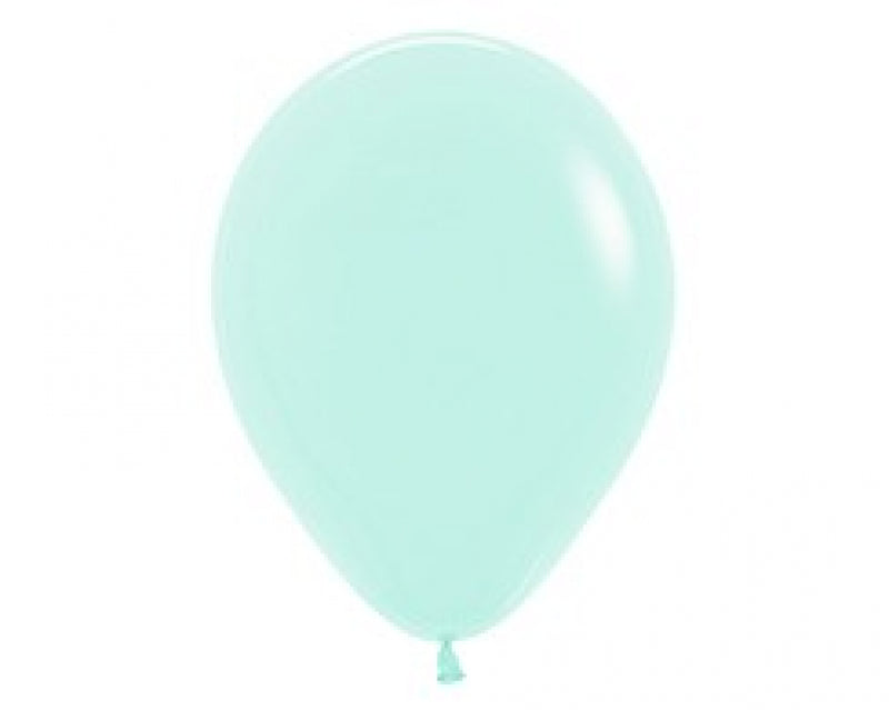 Pack of 100 pastel matte green latex balloons, perfect for elegant party decor and celebrations.