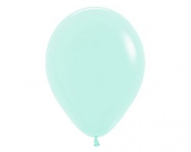 Pack of 100 pastel matte green latex balloons, perfect for elegant party decor and celebrations.