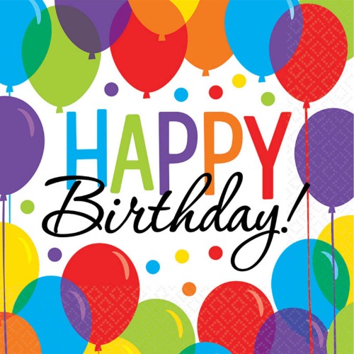 Colorful Balloon Bash lunch napkins in a pack of 16, perfect for parties and celebrations, measuring 33cm x 33cm.