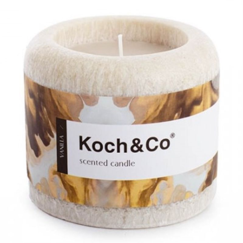 Large vanilla scented pillar candle in beige, 10.3cm tall, enhancing home ambiance with warm fragrance.
