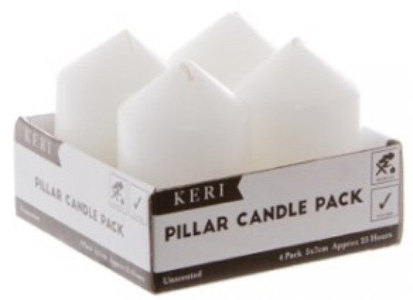 Pack of 4 elegant white unscented pillar candles, each 7.5cm, perfect for home decor and ceremonies.