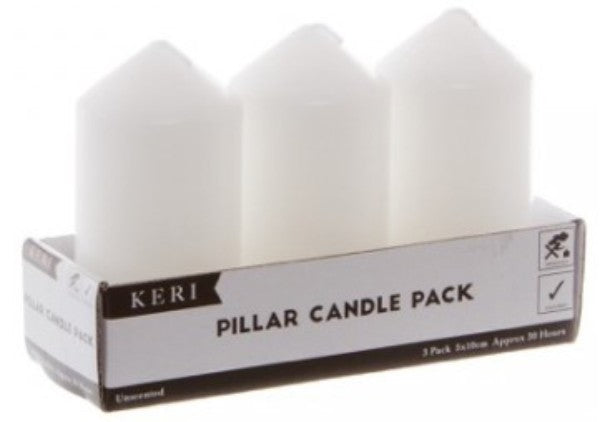 Pack of 3 white pillar church candles, 10cm high, unscented, 30-hour burn time, ideal for decor and special occasions.