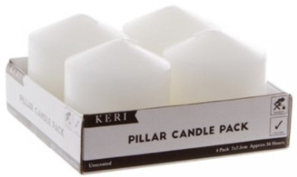 Pack of 4 unscented white pillar church candles, each 7.5cm tall, perfect for enhancing any sacred or decorative space.