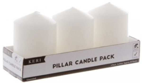 White pillar church candles pack of 3, 7x10cmH, 48-hour burn time, unscented, ideal for various occasions.
