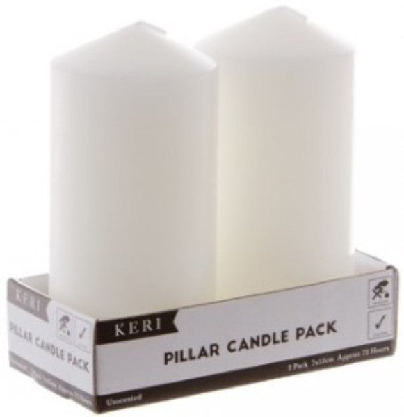 Pack of 2 white pillar church candles, 7 x 15 cm, unscented, burns for 72 hours, perfect for ceremonies and events.