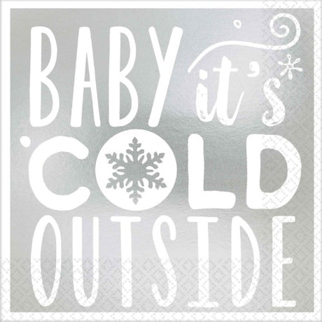 Pack of 16 festive 'Baby It's Cold Outside' beverage napkins, perfect for winter gatherings and holiday celebrations.