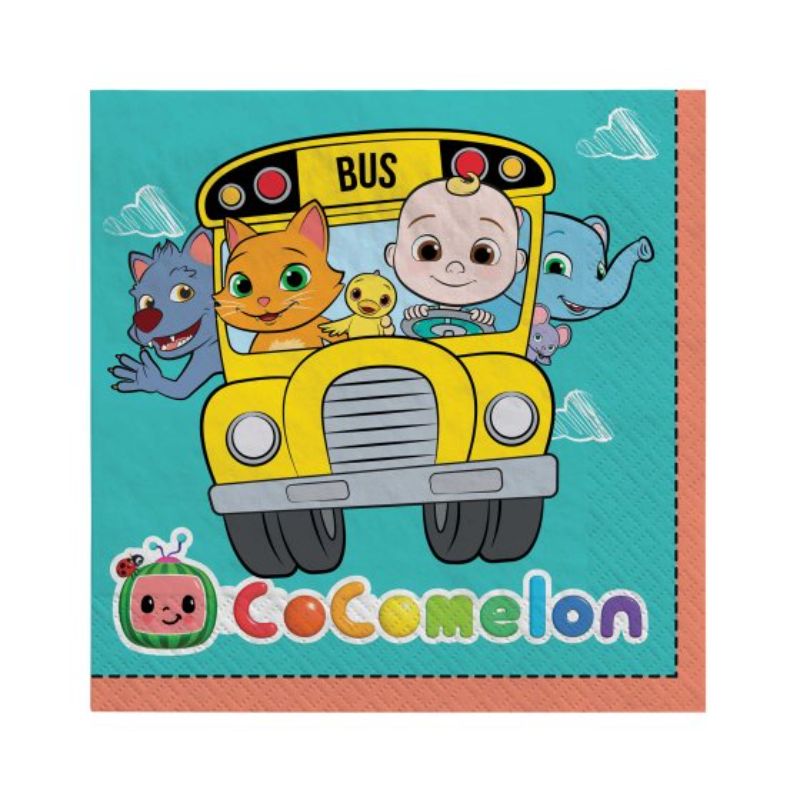Set of 16 Cocomelon lunch napkins featuring colorful characters, perfect for kids' parties and easy cleanup.