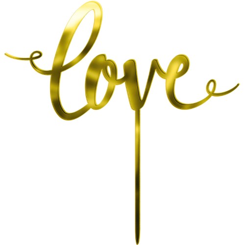 Gold mirrored cake topper in 'Love' design, 16cm, adds elegance to celebrations like weddings and birthdays.