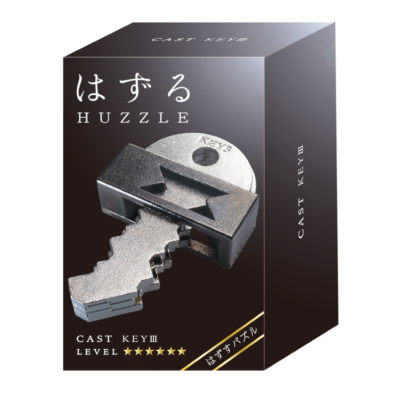 3D brain teaser HUZZLE KEY III featuring three intricate keys in a flat case, designed for ages 8+, difficulty level 6.