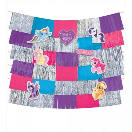 My Little Pony themed backdrop kit with 8 colorful cutouts for enchanting party decorations, measuring 58.5x60 inches.