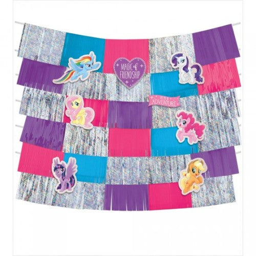 My Little Pony themed backdrop kit with 8 colorful cutouts for enchanting party decorations, measuring 58.5x60 inches.