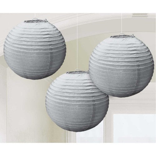 Pack of 3 silver round paper lanterns, 9.5 inches, perfect for elegant indoor/outdoor celebrations.