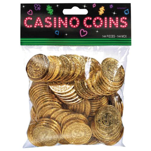 Set of 144 gold plastic coins (19cm) for casino-themed parties, ideal as poker chips or decorative elements.