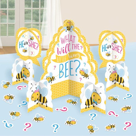 Colorful bee-themed cardboard centerpiece kit for festive table decoration, ideal for baby showers and celebrations.