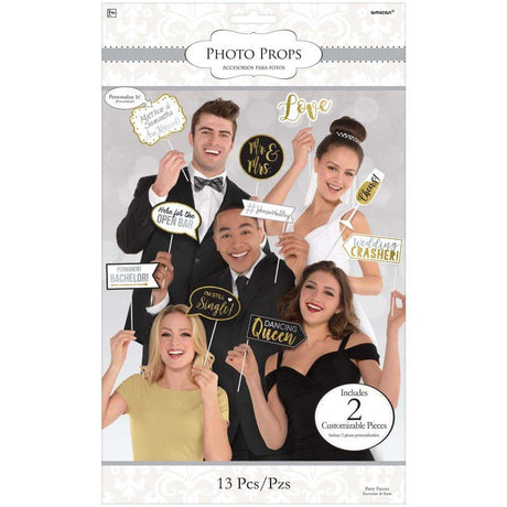 Wedding Photo Props Kit with 13 assorted designs for fun and memorable wedding photography moments.