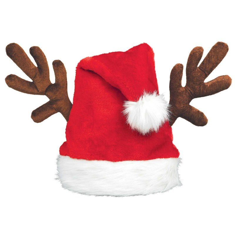 Festive Santa Hat with fluffy pom-pom and soft antlers, perfect for Christmas celebrations and holiday fun.