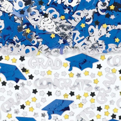 Bright royal blue embossed confetti for graduation celebrations, perfect for adding flair to parties and ceremonies.
