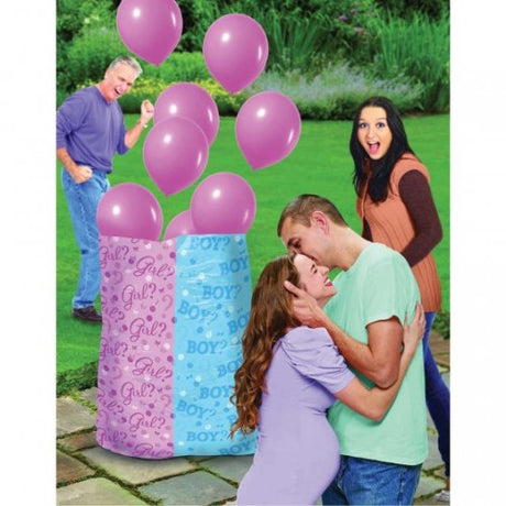 Gender Reveal Balloon Sack for girls featuring 8 pink latex balloons and ribbons, ideal for joyous celebrations.